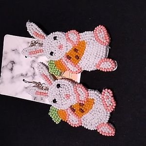 Easter beaded Earrings hypoallergenic bunnies white & pink 3 x 1 inch